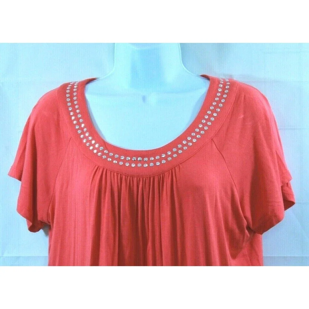 Michael Kors Blouse Womens Coral Top Beaded Neckline Short Sleeve Size M